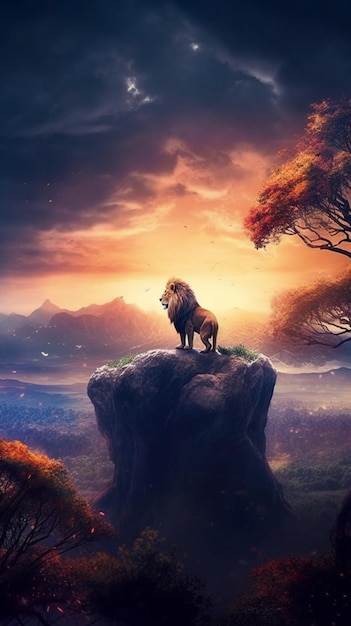 A close up of a lion standing on a rock near a tree generative ai