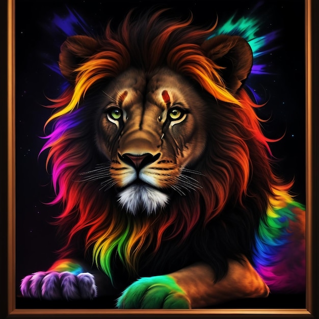 a close up of a lion with a bright mane on a black background black light velvet poster