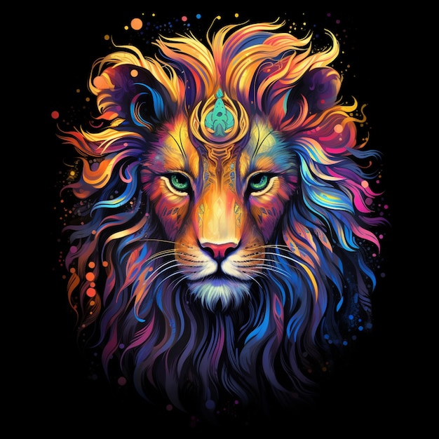 A close up of a lion with a colorful mane on a black background generative ai