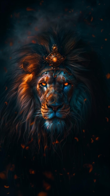 Photo a close up of a lion with a crown on its head generative ai