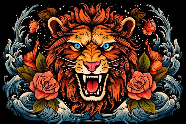 A close up of a lion with a flower and a star in the background generative ai