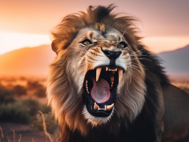 Premium AI Image  A lion roars with his mouth open.