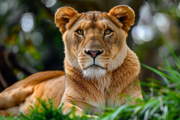 Close up of lions face as it stares into the camera