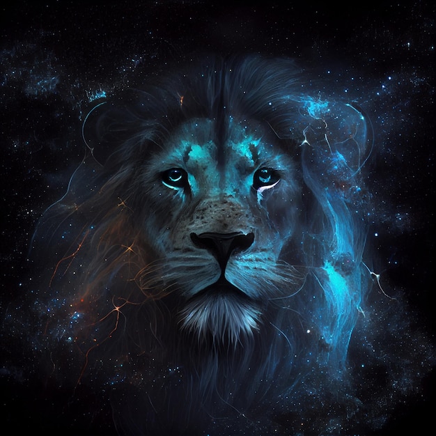 Close up of a lions face on a black background generative ai