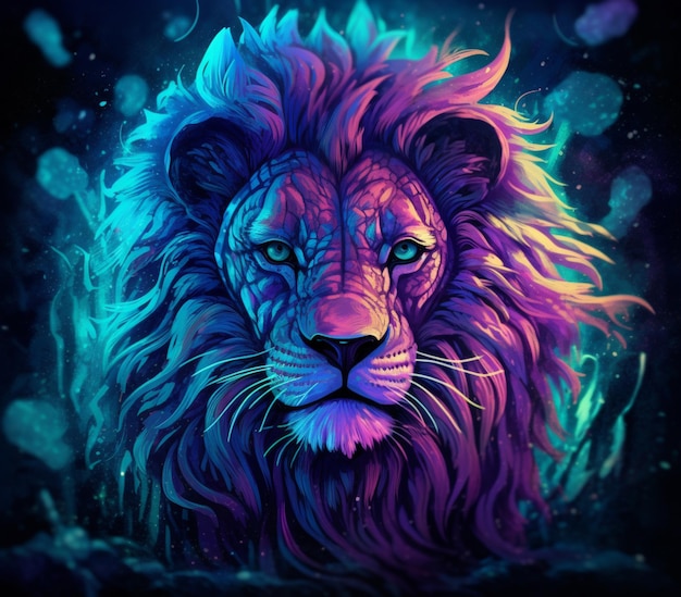 a close up of a lions face with a blue and purple background generative ai