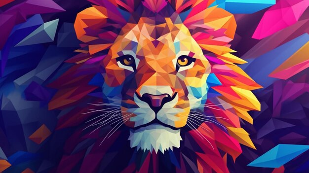 A close up of a lions face with a colorful background ai generative