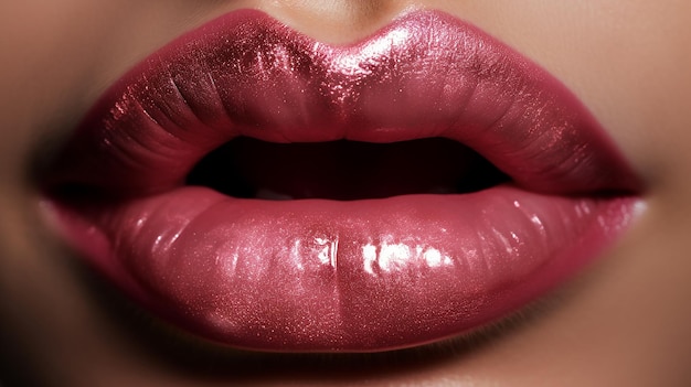 A close up of a lip with a shiny pink lip.