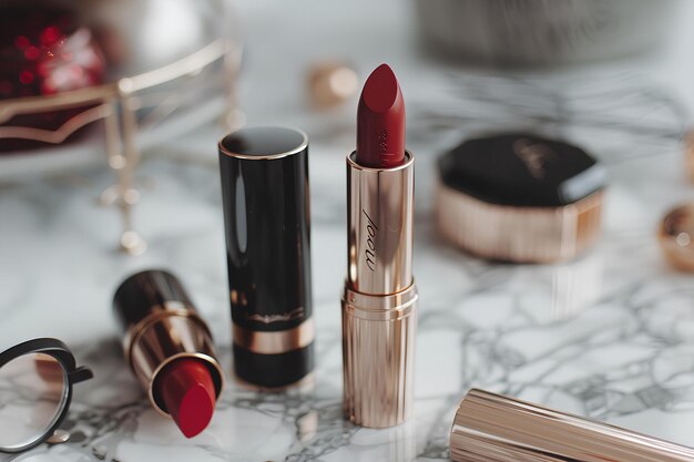 A close up of lipstick and eyeglasses on a table