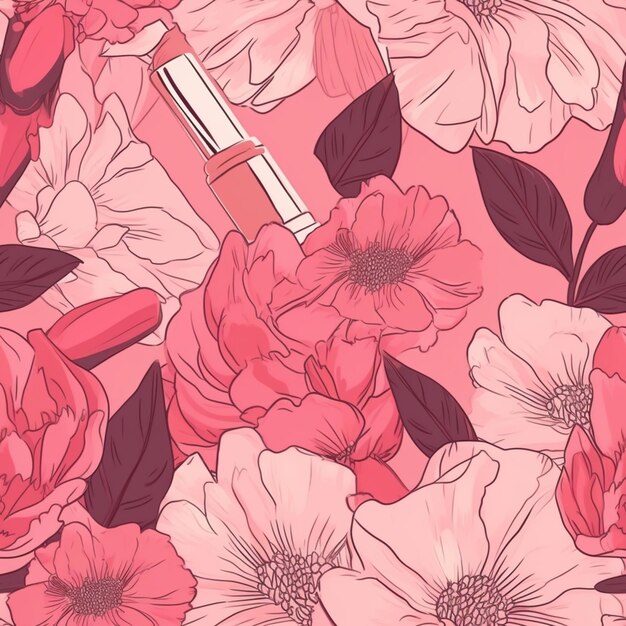 Foto un primo piano di un rossetto su uno sfondo rosa con fiori generativo ai