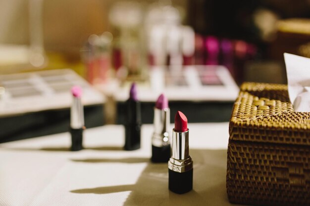 Close-up of lipsticks on table