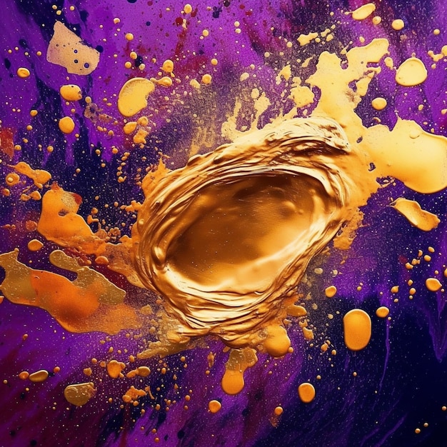 A close up of a liquid filled with gold on a purple background generative ai