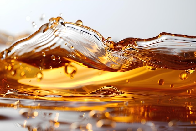 A close up of a liquid with a white background and a yellow background with water droplets and