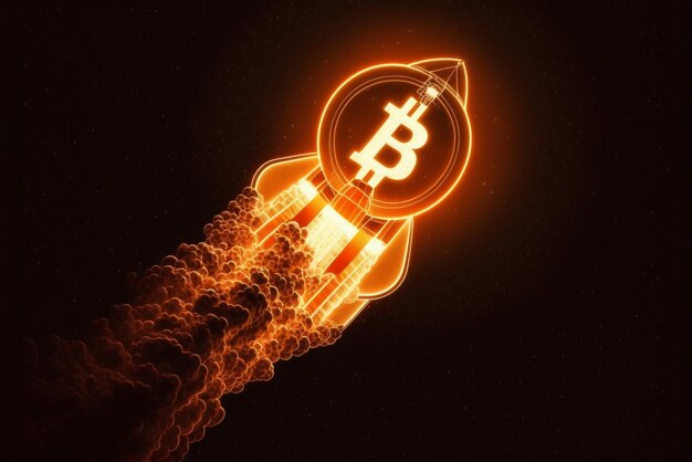 Foto primo piano della nave razzo bitcoin illuminata ai generativa