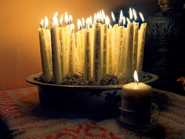 Close-up of lit candles on table