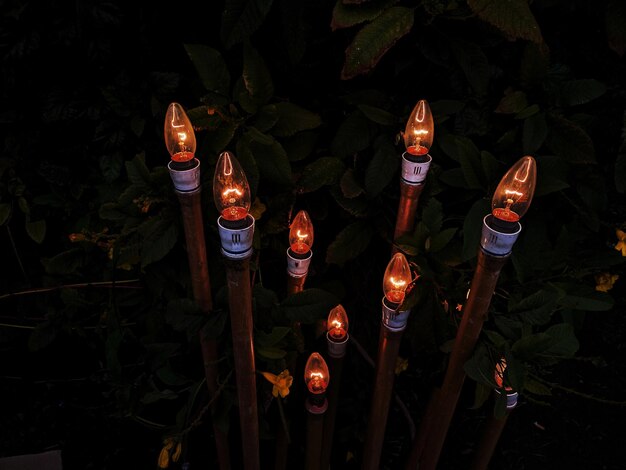 Photo close-up of lit candles in temple at night