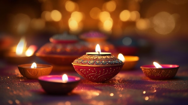 A close up of a lit diwali with candles in the middle