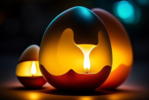 A close up of a lit egg with a candle in it