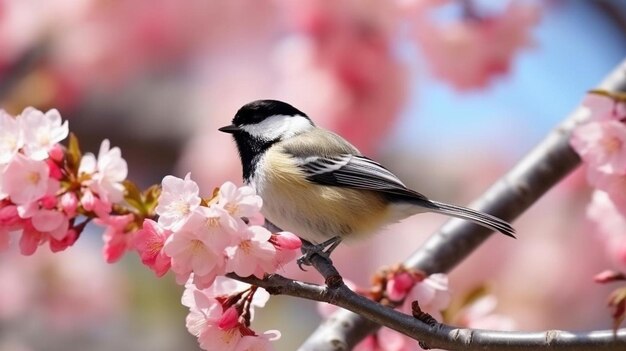 Close up of little bird sitting on branch of blossom apple tree bl