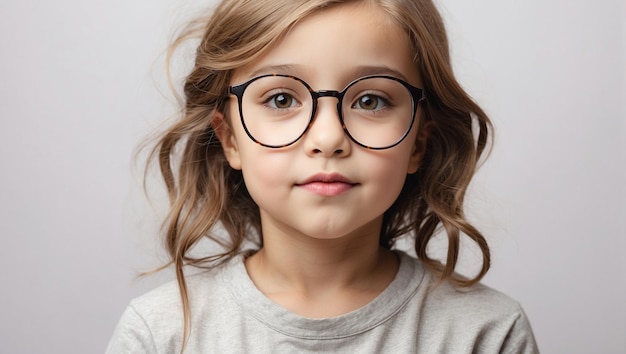 close up little girl wearing glasses isolated on white background