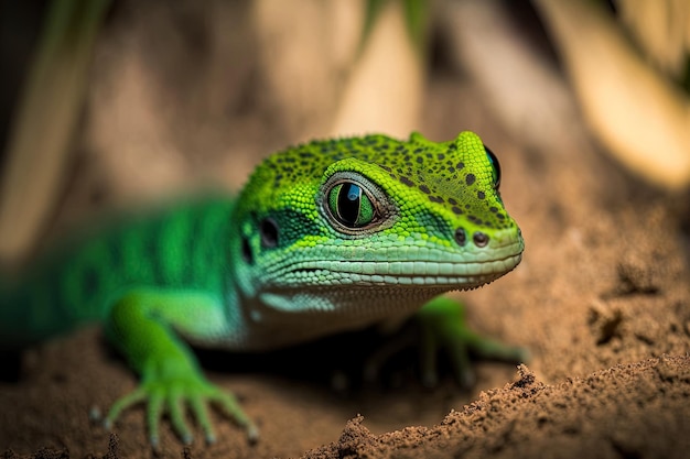 Close up of a little green lizard with a black face lying on the ground