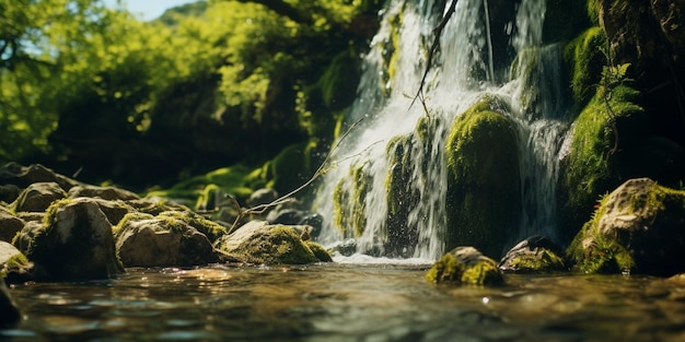 Foto primo piano di una piccola cascata di montagna ia generativa