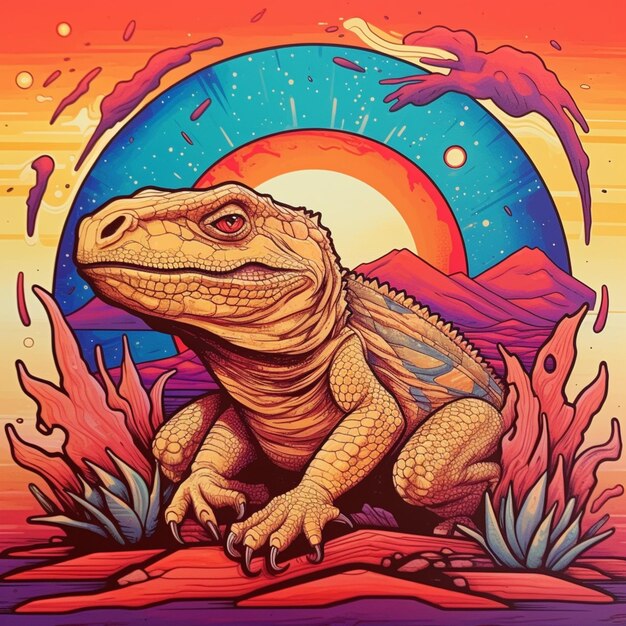 A close up of a lizard sitting on a rock in front of a sunset generative ai