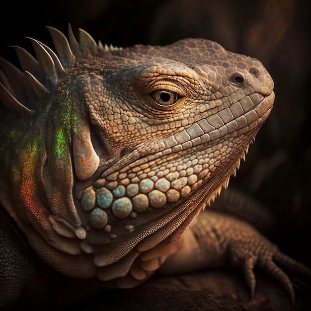 A close up of a lizard with a black background