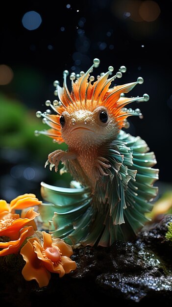 Photo a close up of a lizard with orange feathers and a black eye