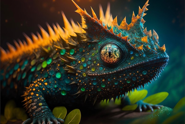 Close up of a lizard with spikes on its head