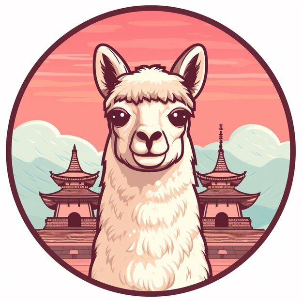 Photo a close up of a llama in a circle with a pagoda in the background generative ai