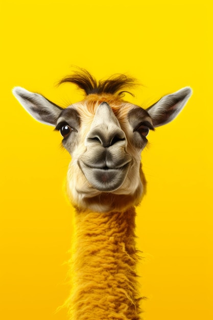 Close up of llama's face with yellow background generative ai