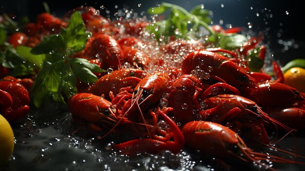 a close up of lobsters on a plate with vegetables