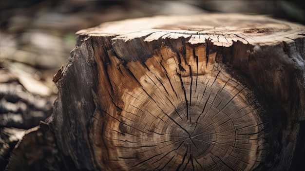 A close up of a log with a tree stump in the background