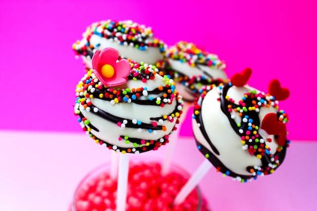 Photo close-up of lollipops in glass against pink background