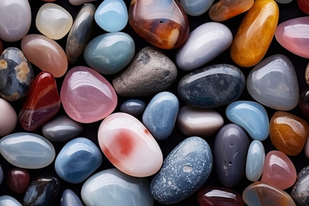 Close up looking down on smooth glassy colorful stones rocks soft gray defused light cold fog wet