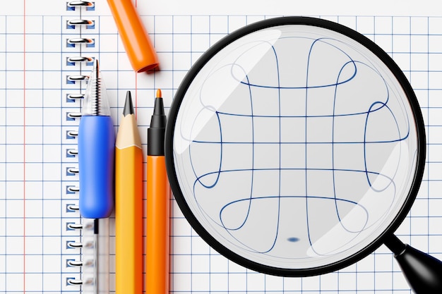 Крупным планом лупа синие карандаши цветные чернильные ручки и обычный карандаш школьная тетрадь в клетке 3D иллюстрация Канцтовары