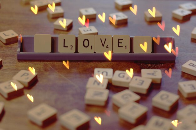 Photo close-up of love text on table