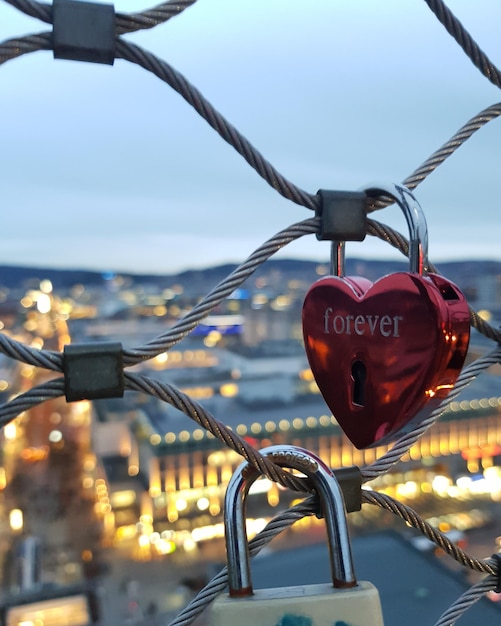 Foto close-up della recinzione di lovelocks sulla ringhiera contro il paesaggio cittadino illuminato