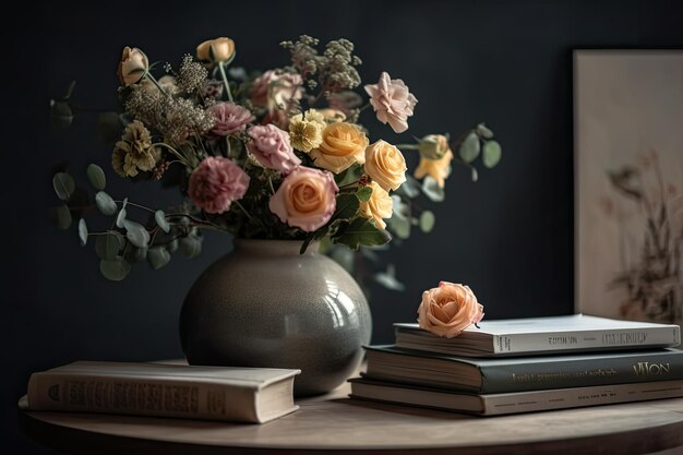 Close up of a lovely curving vase filled with flowers a group of books floral decor in a space cosy home superior photograph