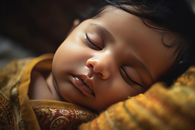 Close up of a lovely Hindu baby sleeping alone with copyspace background