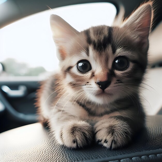 車の座席に座っている可愛い子猫のクローズアップ