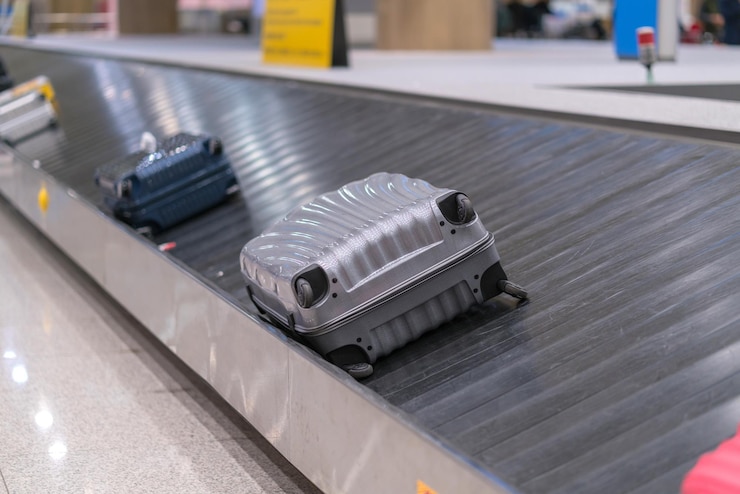 Photo close-up of luggage on conveyor belt in airport