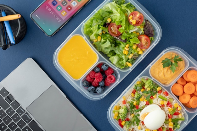 Photo close up on lunchboxes with delicious food