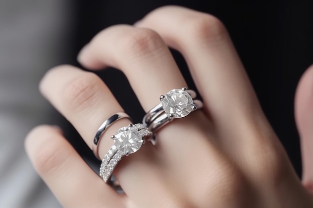 close up luxury diamond rings on woman fingers