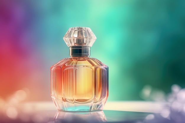 Close up luxury perfume bottle with blurry bokeh light background fragrance branding Generative Ai