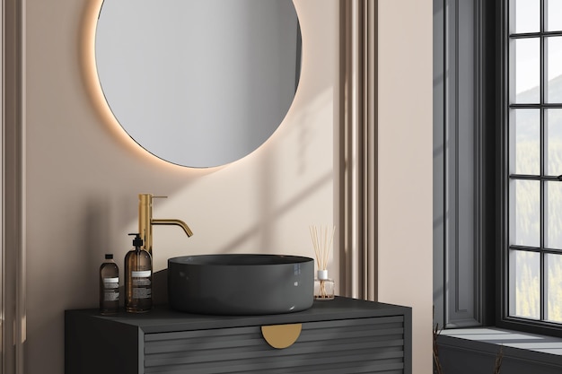 Close up of luxury sink with oval mirrors- hanging in on beige wall, modern cabinet with gold faucet