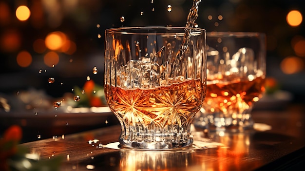 Close up of luxury whiskey pouring into elegant wineglass at bar