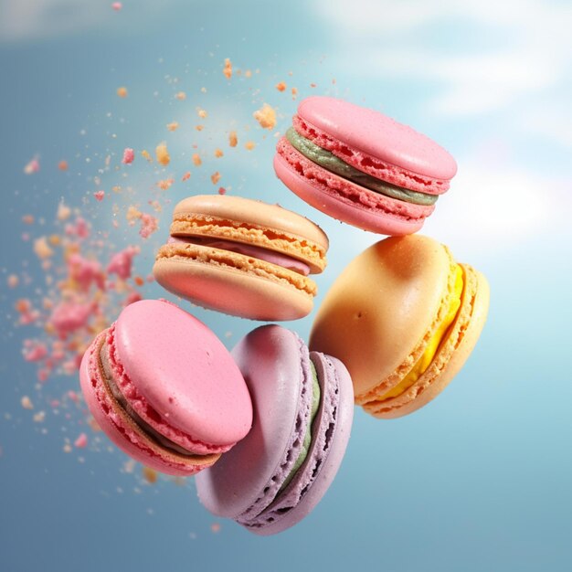 Photo close up of macaroons flying through the air