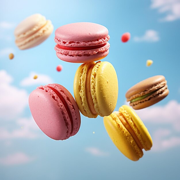 close up of macaroons flying through the air