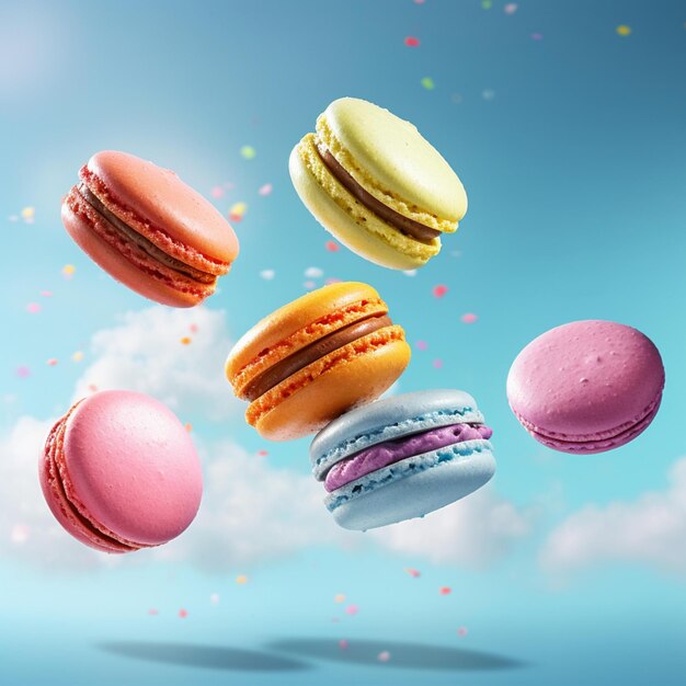 close up of macaroons flying through the air